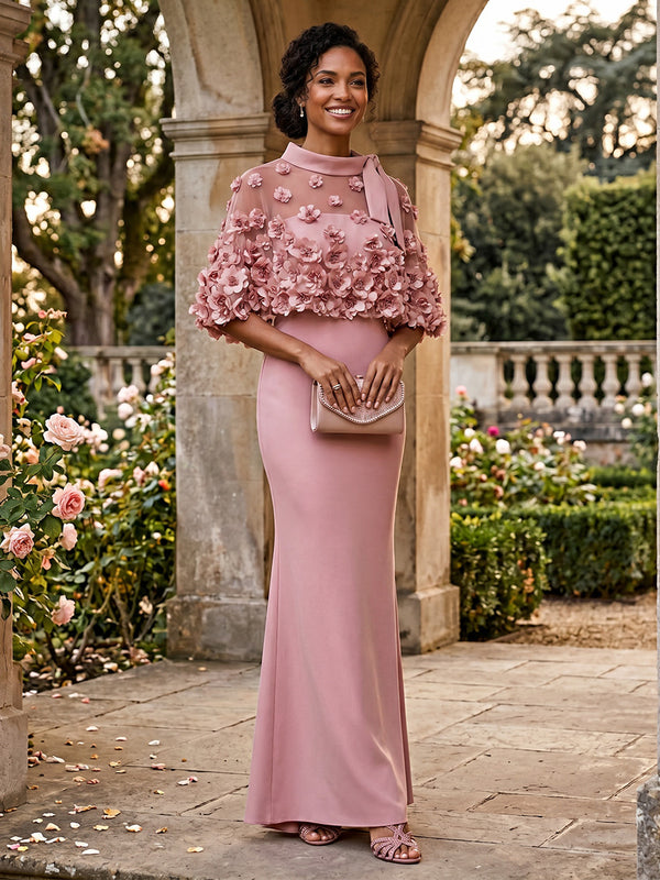 Satin Sheath/Column High Neck Floor-Length Mother of the Bride & Groom Dresses with 3D Flowers