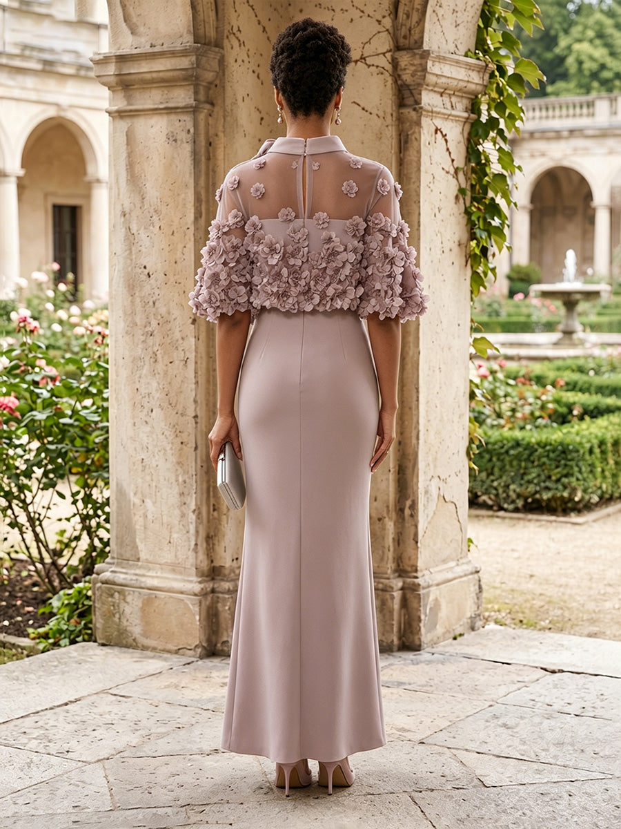 Satin Sheath/Column High Neck Floor-Length Mother of the Bride & Groom Dresses with 3D Flowers