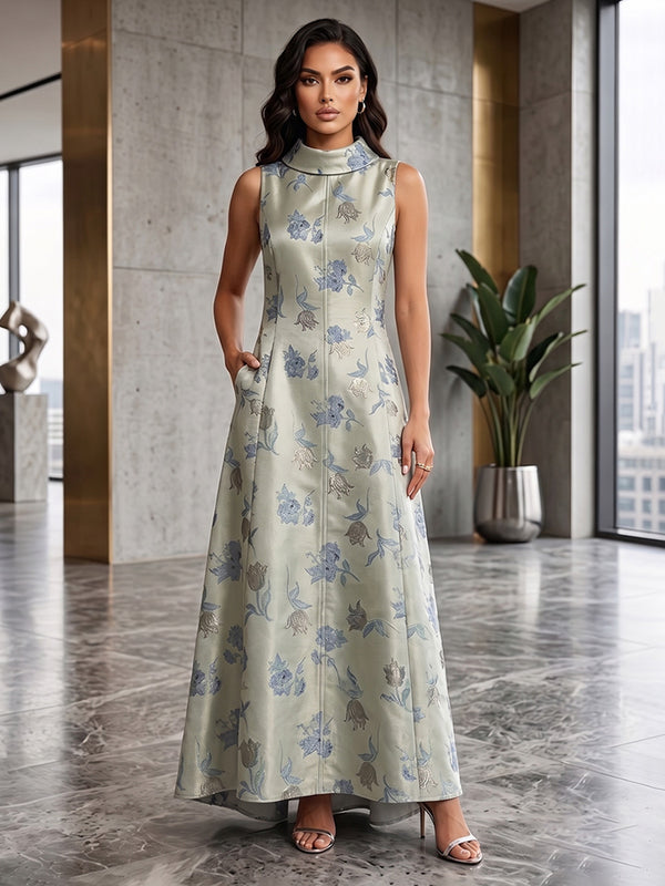 Floral Print A-Line/Princess High Neck Floor-Length Mother of the Bride & Groom Dresses Pockets