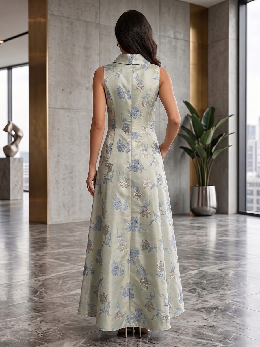 Floral Print A-Line/Princess High Neck Floor-Length Mother of the Bride & Groom Dresses Pockets
