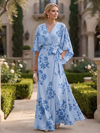 Floral Print A-Line/Princess V-Neck Floor-Length Mother of the Bride & Groom Dresses with Belt