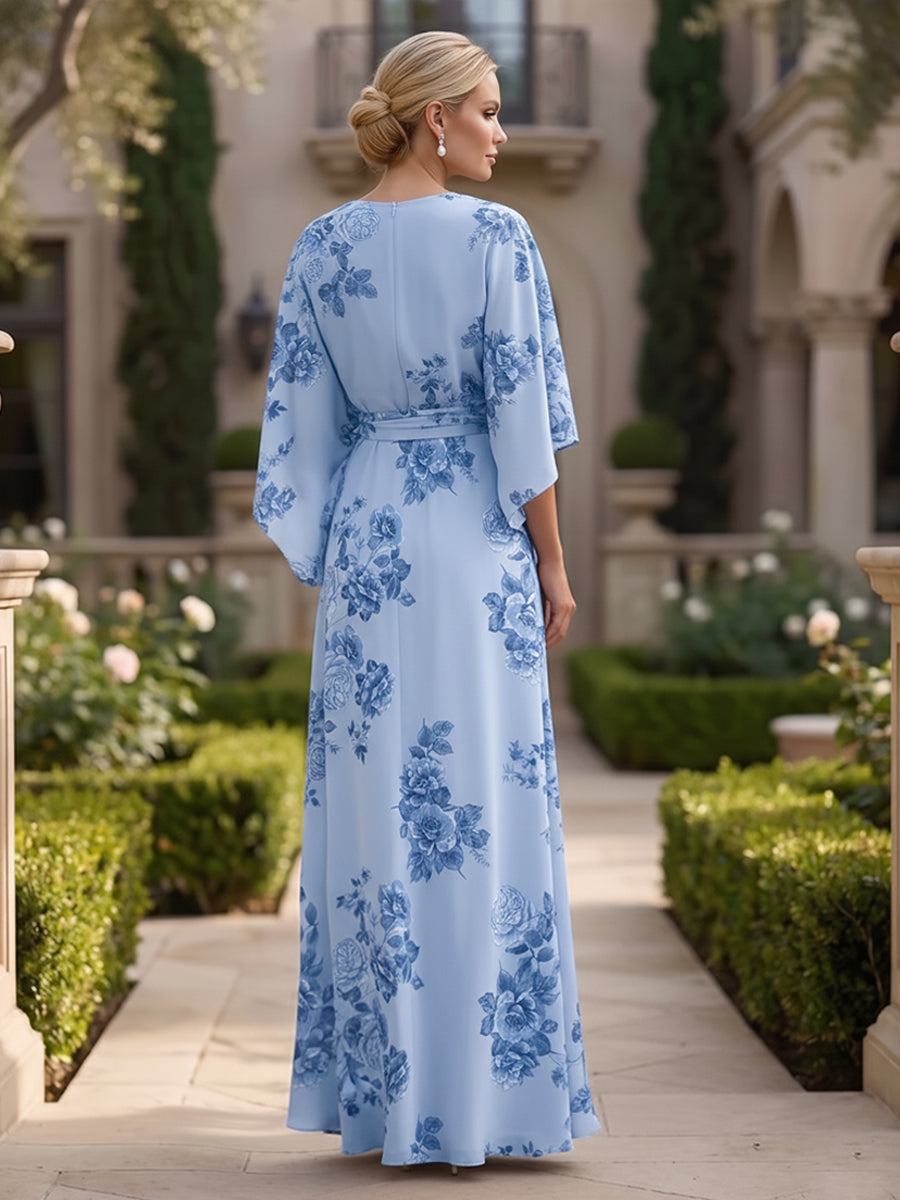 Floral Print A-Line/Princess V-Neck Floor-Length Mother of the Bride & Groom Dresses with Belt