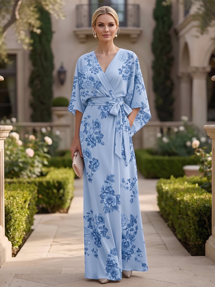 Floral Print A-Line/Princess V-Neck Floor-Length Mother of the Bride & Groom Dresses with Belt