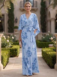 Floral Print A-Line/Princess V-Neck Floor-Length Mother of the Bride & Groom Dresses with Belt