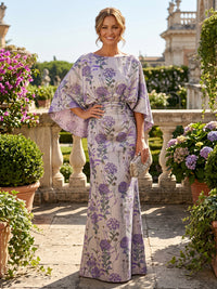Floral Print Sheath/Column Scoop Neck Floor-Length Mother of the Bride & Groom Dresses with Ruched Waist