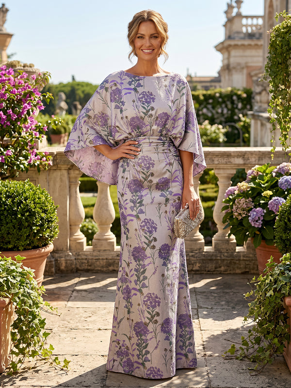 Floral Print Sheath/Column Scoop Neck Floor-Length Mother of the Bride & Groom Dresses with Ruched Waist