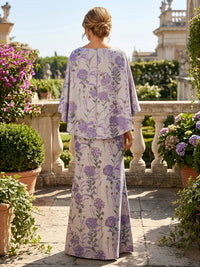 Floral Print Sheath/Column Scoop Neck Floor-Length Mother of the Bride & Groom Dresses with Ruched Waist
