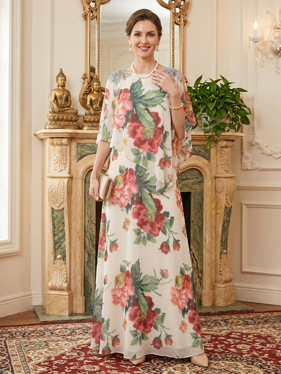 Floral Print A-Line/Princess Scoop Neck Floor-Length Mother of the Bride & Groom Dresses with Cape