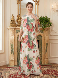 Floral Print A-Line/Princess Scoop Neck Floor-Length Mother of the Bride & Groom Dresses with Cape