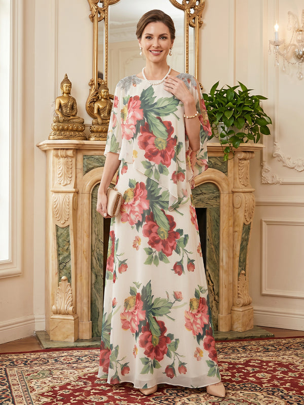Floral Print A-Line/Princess Scoop Neck Floor-Length Mother of the Bride & Groom Dresses with Cape