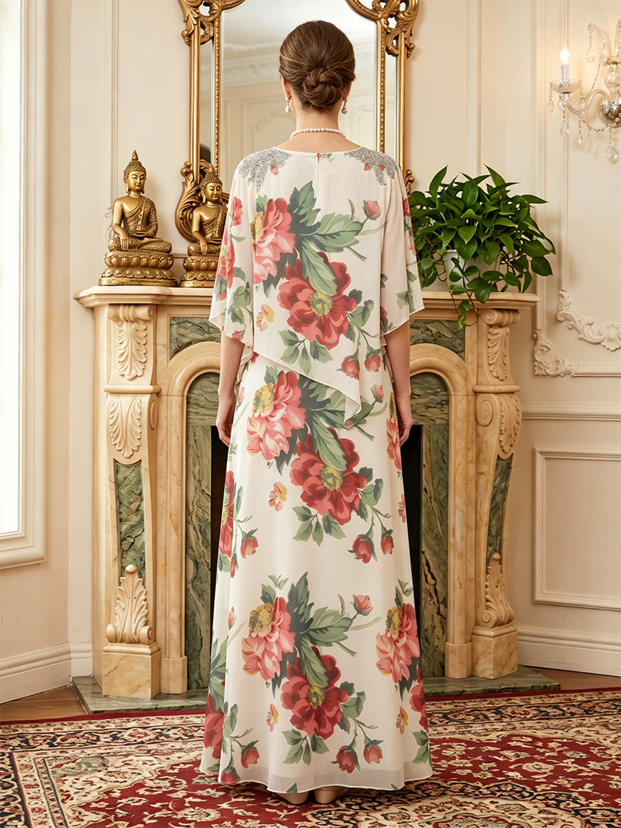Floral Print A-Line/Princess Scoop Neck Floor-Length Mother of the Bride & Groom Dresses with Cape