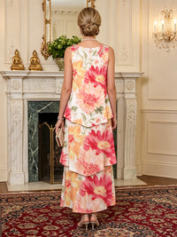 Floral Print A-Line/Princess Scoop Neck Floor-Length Mother of the Bride & Groom Dresses with Tiered Layers