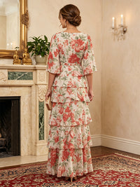 Floral Print A-Line/Princess V-Neck Floor-Length Mother of the Bride & Groom Dresses with Tiered Layers