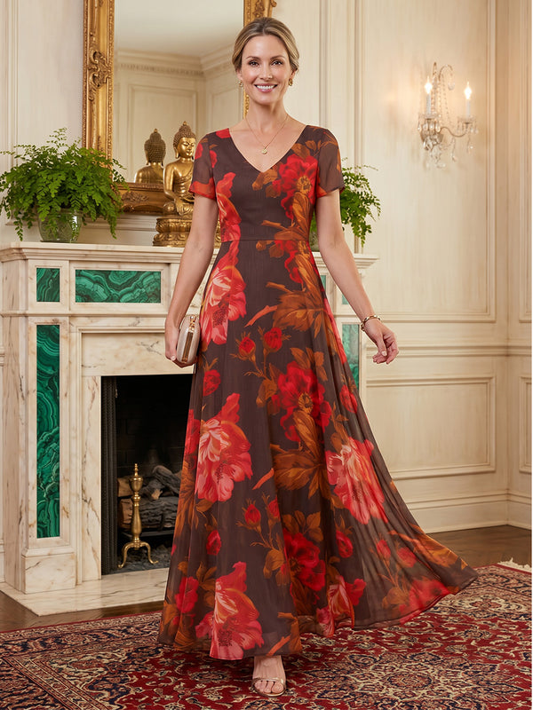 Floral Print A-Line/Princess V-Neck Floor-Length Mother of the Bride & Groom Dresses for Women