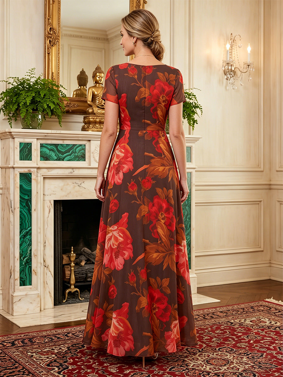 Floral Print A-Line/Princess V-Neck Floor-Length Mother of the Bride & Groom Dresses for Women