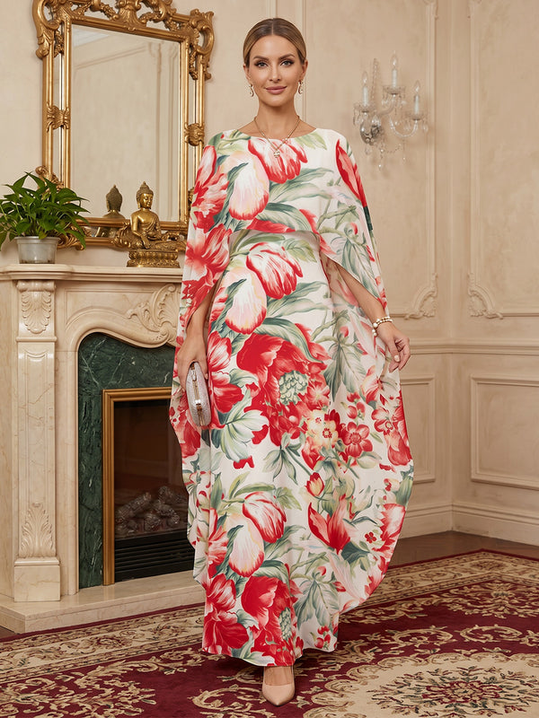 Floral Print A-Line/Princess Scoop Neck Floor-Length Mother of the Bride & Groom Dresses with Cape