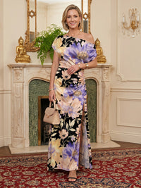 Floral Print Sheath/Column Off Shoulder Floor-Length Mother of the Bride & Groom Dresses with Ruched Waist & Slit