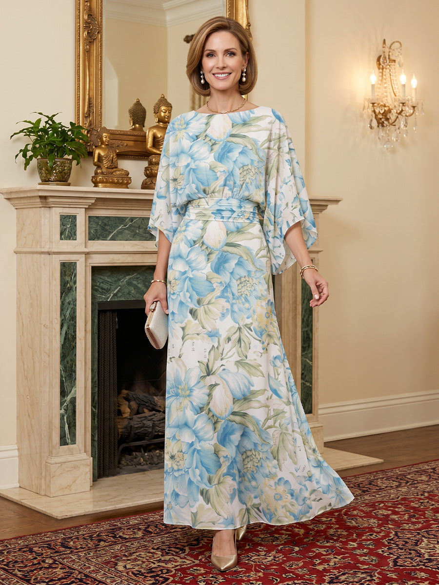 Floral Print A-Line/Princess Scoop Neck Floor-Length Mother of the Bride & Groom Dresses with Ruched Waist