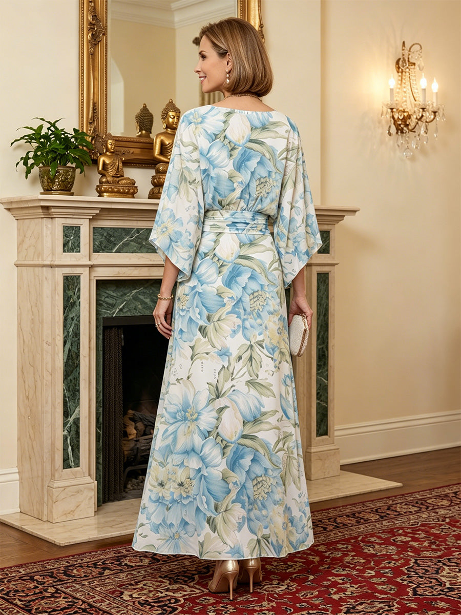 Floral Print A-Line/Princess Scoop Neck Floor-Length Mother of the Bride & Groom Dresses with Ruched Waist