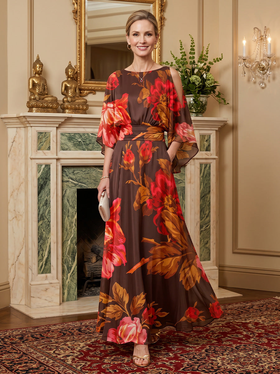 Floral Print A-Line/Princess Scoop Neck Floor-Length Mother of the Bride & Groom Dresses with Ruched Waist