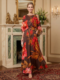 Floral Print A-Line/Princess Scoop Neck Floor-Length Mother of the Bride & Groom Dresses with Ruched Waist