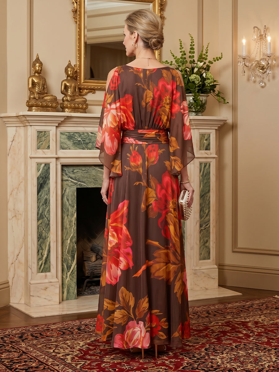 Floral Print A-Line/Princess Scoop Neck Floor-Length Mother of the Bride & Groom Dresses with Ruched Waist
