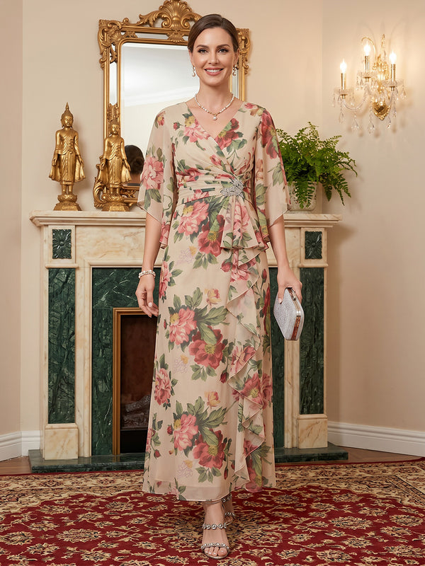 Floral Print A-Line/Princess V-Neck Floor-Length Mother of the Bride & Groom Dresses with Ruffles