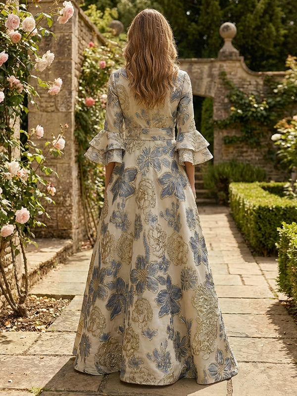 Jacquard A-Line/Princess V-Neck Floor-Length Mother of the Bride & Groom Dresses with Belt