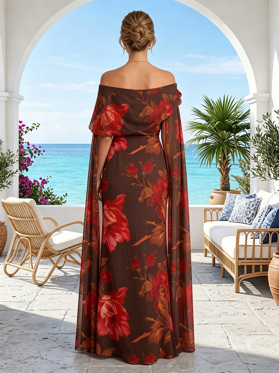 Floral Print Sheath/Column Off Shoulder Floor-Length Mother of the Bride & Groom Dresses with Sash