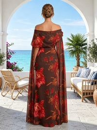 Floral Print Sheath/Column Off Shoulder Floor-Length Mother of the Bride & Groom Dresses with Sash
