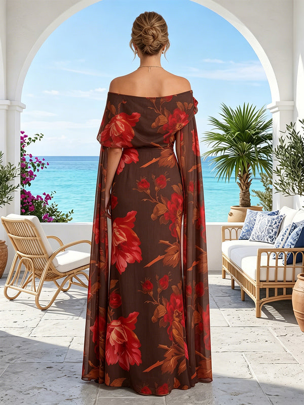 Floral Print Sheath/Column Off Shoulder Floor-Length Mother of the Bride & Groom Dresses with Sash