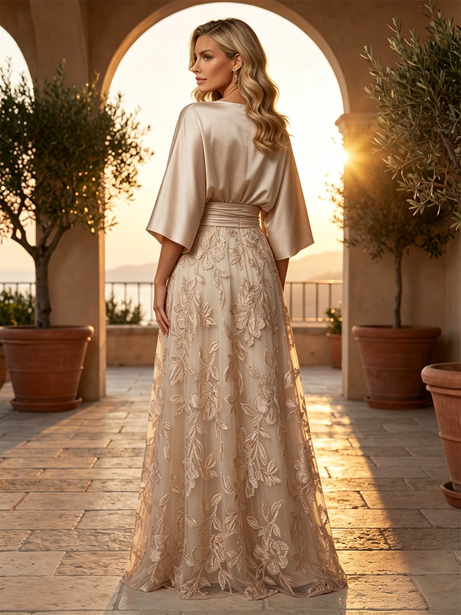 Satin A Line Round Neck Ruched Pleats Mother of the Bride & Groom Dresses