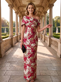 Jacquard Sheath Off the Shoulder Ruched Corset Mother of the Bride & Groom Dresses