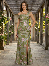 Jacquard A Line One Shoulder Slit Ruched Mother of the Bride & Groom Dresses