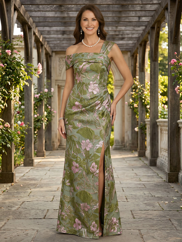 Jacquard A Line One Shoulder Slit Ruched Mother of the Bride & Groom Dresses