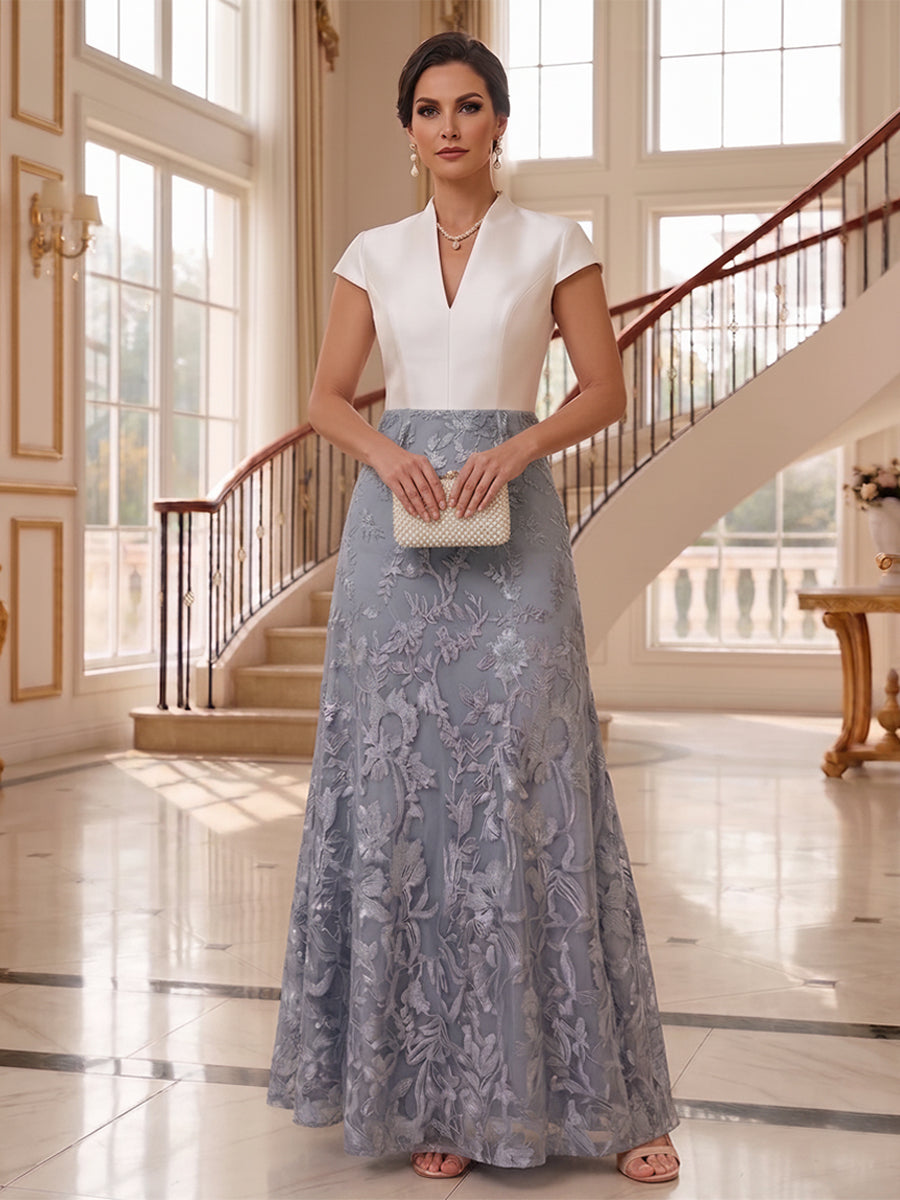 Lace Embroidery A-Line/Princess V-Neck Floor-Length Mother of the Bride & Groom Dresses with Satin Bodice