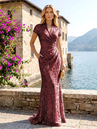 Sequin Floral Sheath/Column V-Neck Floor-Length Mother of the Bride & Groom Dresses with Ruched Waist & Pockets