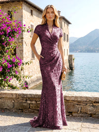 Sequin Floral Sheath/Column V-Neck Floor-Length Mother of the Bride & Groom Dresses with Ruched Waist & Pockets