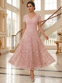 Lace Embroidery A-Line/Princess V-Neck Tea-Length Mother of the Bride & Groom Dresses with Ruched Waist