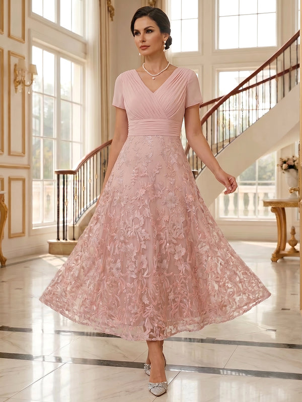 Lace Embroidery A-Line/Princess V-Neck Tea-Length Mother of the Bride & Groom Dresses with Ruched Waist