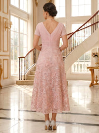 Lace Embroidery A-Line/Princess V-Neck Tea-Length Mother of the Bride & Groom Dresses with Ruched Waist