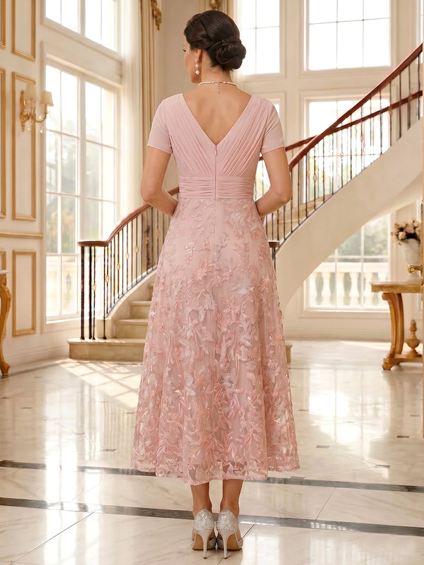Lace Embroidery A-Line/Princess V-Neck Tea-Length Mother of the Bride & Groom Dresses with Ruched Waist