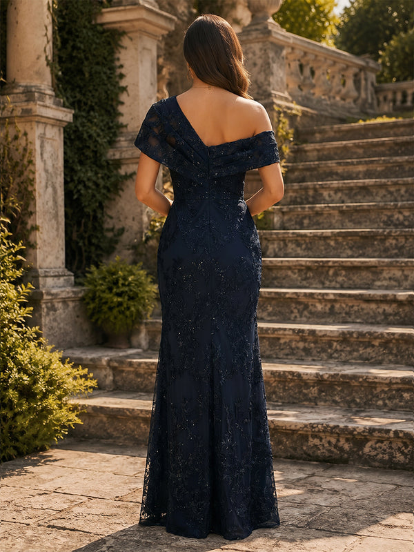 Lace Sheath/Column Off Shoulder Floor-Length Mother of the Bride & Groom Dresses with Slit