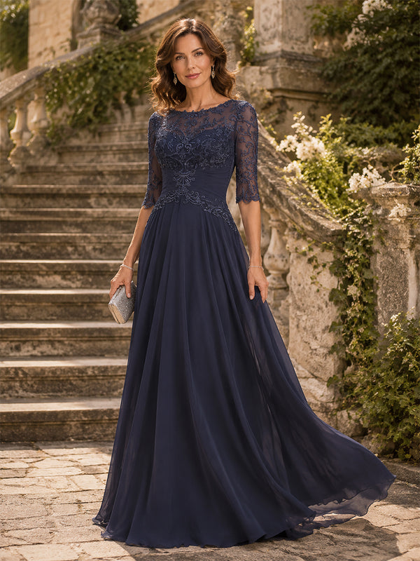 Chiffon A-Line/Princess Scoop Neck Floor-Length Mother of the Bride & Groom Dresses with Lace Bodice