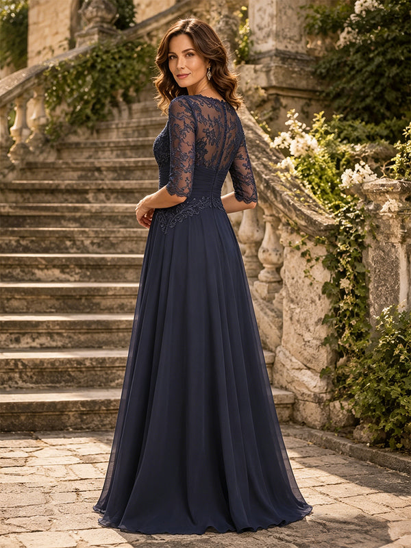 Chiffon A-Line/Princess Scoop Neck Floor-Length Mother of the Bride & Groom Dresses with Lace Bodice