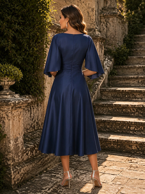 Chiffon A-Line/Princess V-Neck Tea-Length Mother of the Bride & Groom Dresses with Ruched Waist