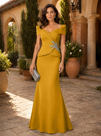 Satin Sheath/Column V-Neck Floor-Length Mother of the Bride & Groom Dresses with Corset Bodice