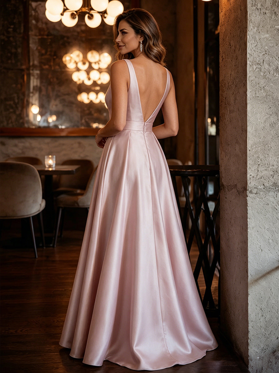Satin A-Line/Princess V-Neck Floor-Length Mother of the Bride & Groom Dresses with Pleats & Slit