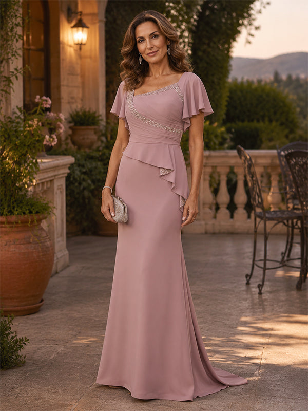 Chiffon Sheath/Column Asymmetric Neck Floor-Length Mother of the Bride & Groom Dresses with Ruched Waist