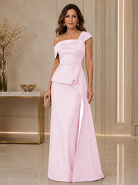 Satin Sheath/Column Off Shoulder Floor-Length Mother of the Bride & Groom Dresses with Ruched Waist
